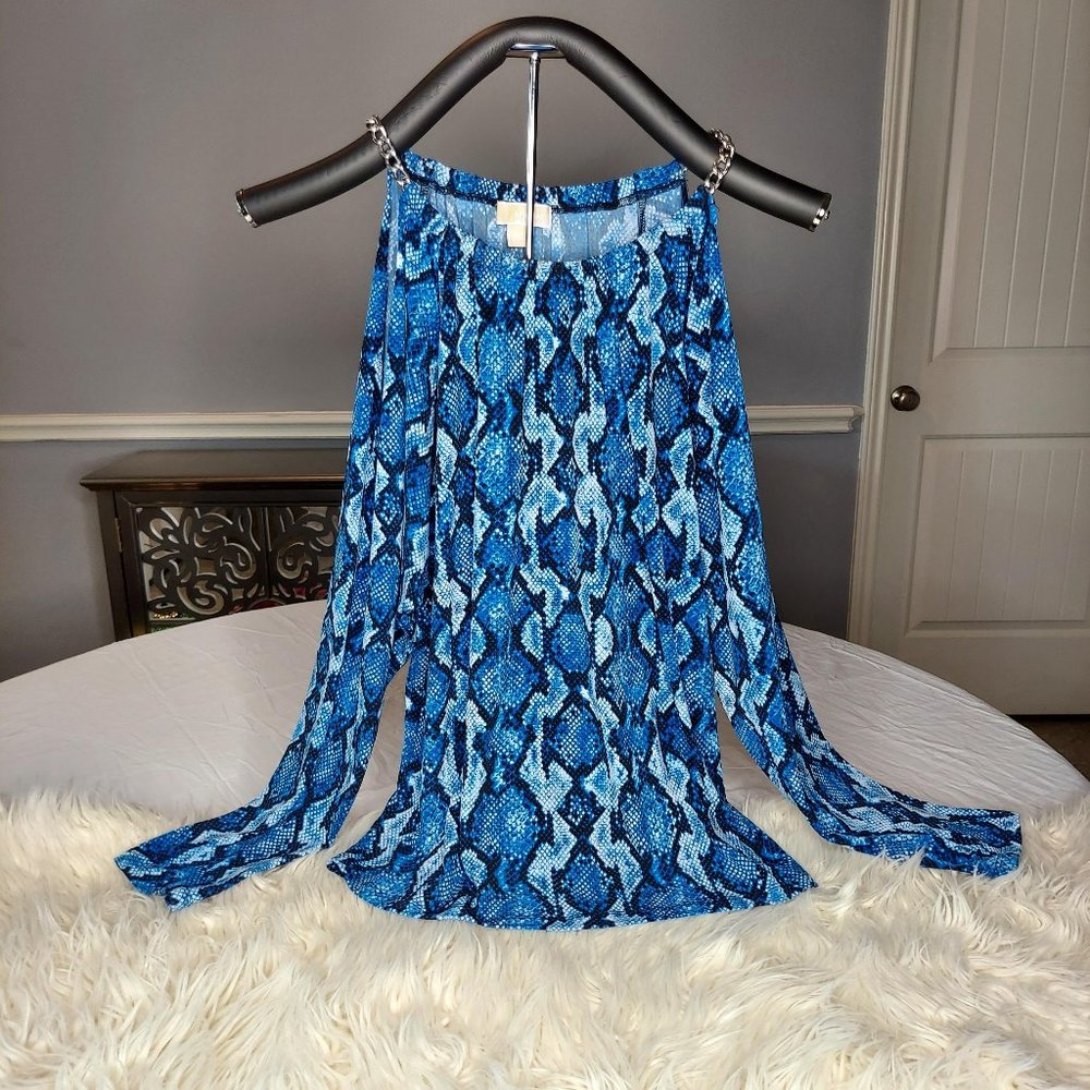 Michael Korhs X/L Blue snake print with silver chains at shoulders.